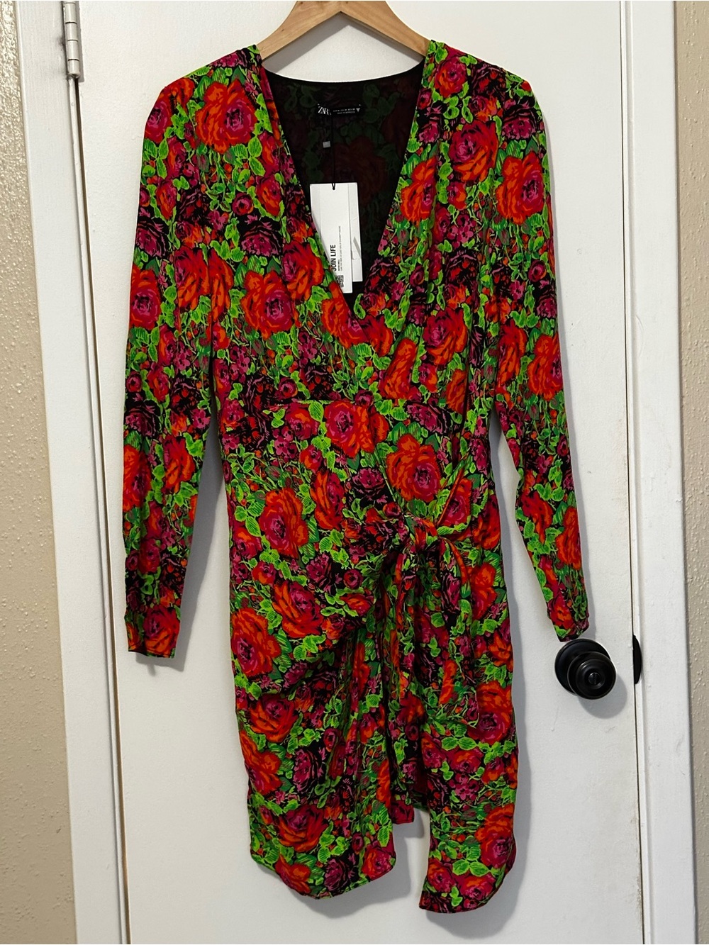 New With Tags! Zara Neon Floral Long Sleeve Knot Front Dress – Size Medium (M) - Picture 1 of 12
